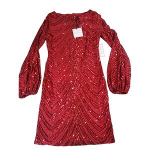 Premier Amour Red Sequin Bodycon Mini Dress Balloon Sleeve‎ Size 6 NWT